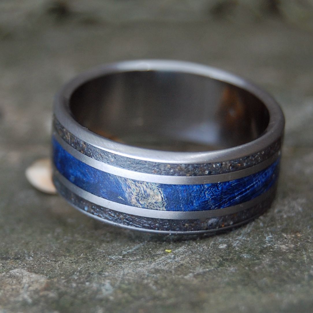 BLACK AND BLUE TO KEEP IT TRUE | Blue Box Elder Wood & Black Sand Titanium Wedding Ring - Minter and Richter Designs