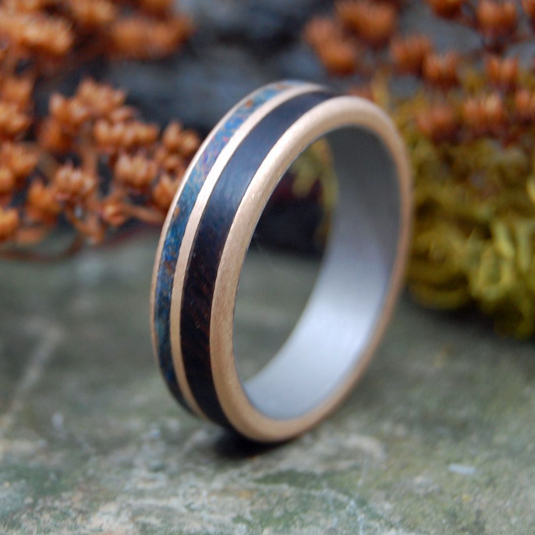 TIMBER IN LOVE | Blue Maple & African Ebony Titanium Wedding Rings - Minter and Richter Designs