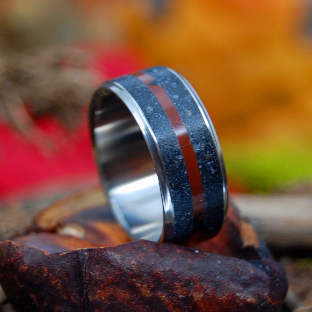 IN THE SHADOWS | Icelandic Beach Sand & Black Jasper Stone Titanium Wedding Ring - Minter and Richter Designs