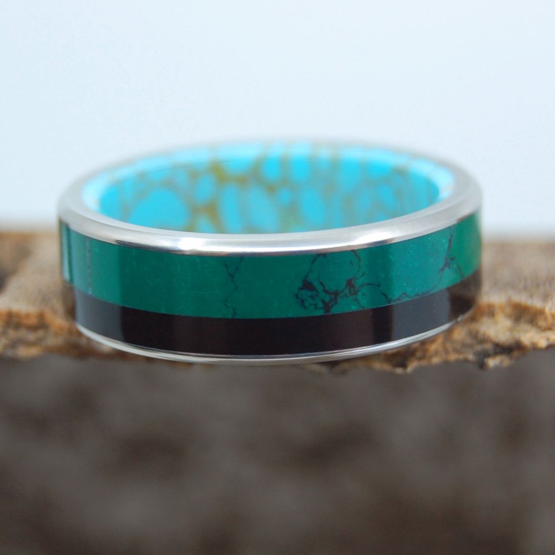 SET IN STONE | Jade, Onyx & Tibetan Turquoise Titanium Wedding Ring - Minter and Richter Designs