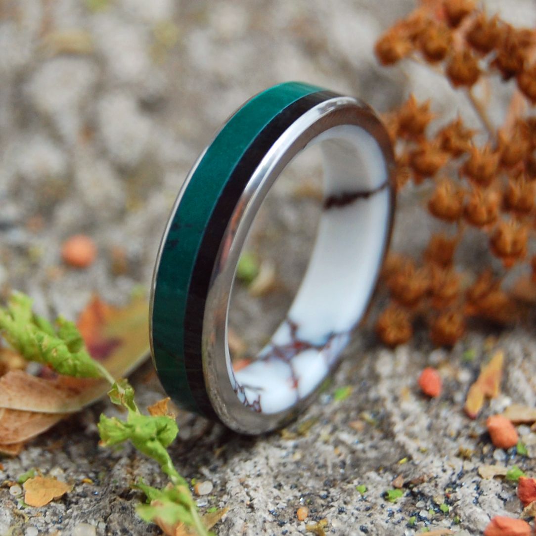 ETCHED IN STONE | Jade, Onyx & Wild Horse Jasper Titanium Wedding Ring - Minter and Richter Designs