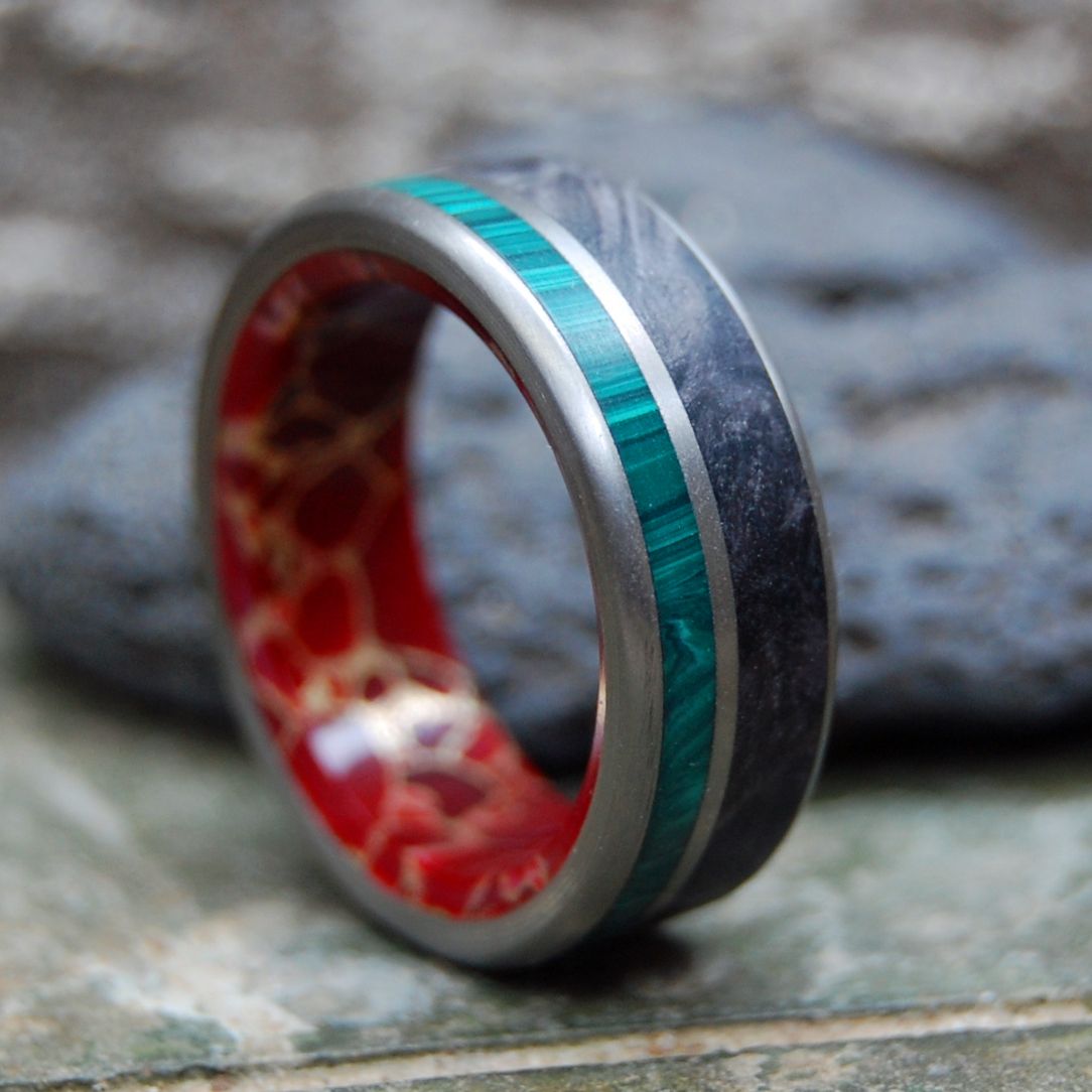 QUEEN OF HEARTS | Green Malachite, Black Box Elder Wood & Red Jasper Stone Titanium Wedding Ring - Minter and Richter Designs