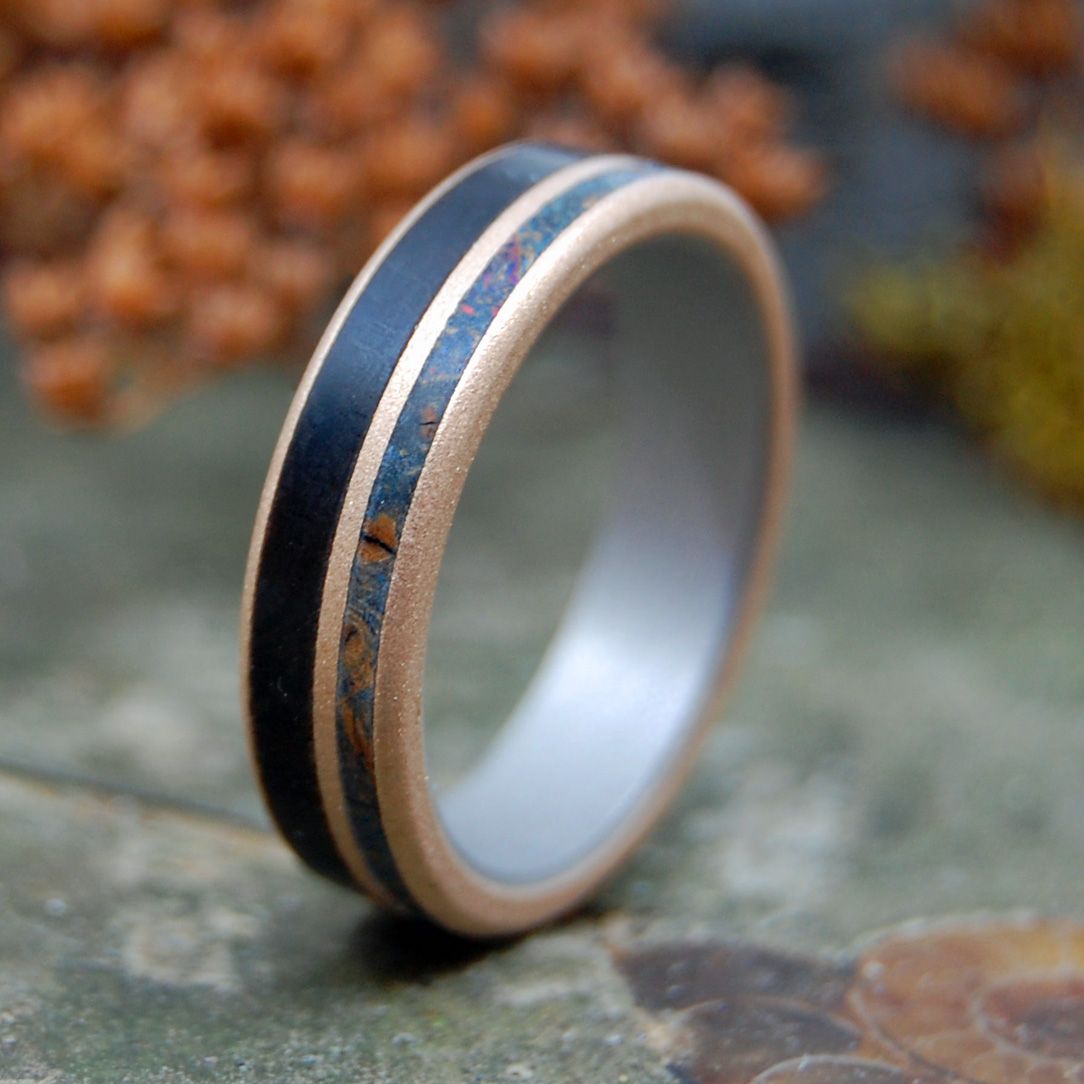 TIMBER IN LOVE | Blue Maple & African Ebony Titanium Wedding Rings - Minter and Richter Designs