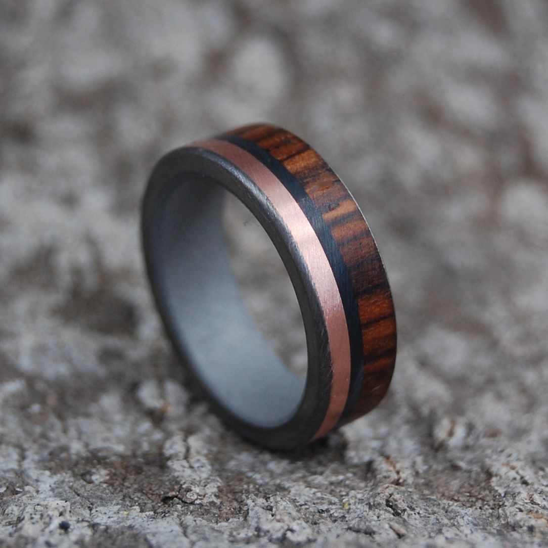 COCO LOCO | Cocobolo Wood, Copper & Onyx Stone Titanium Wedding Rings - Minter and Richter Designs