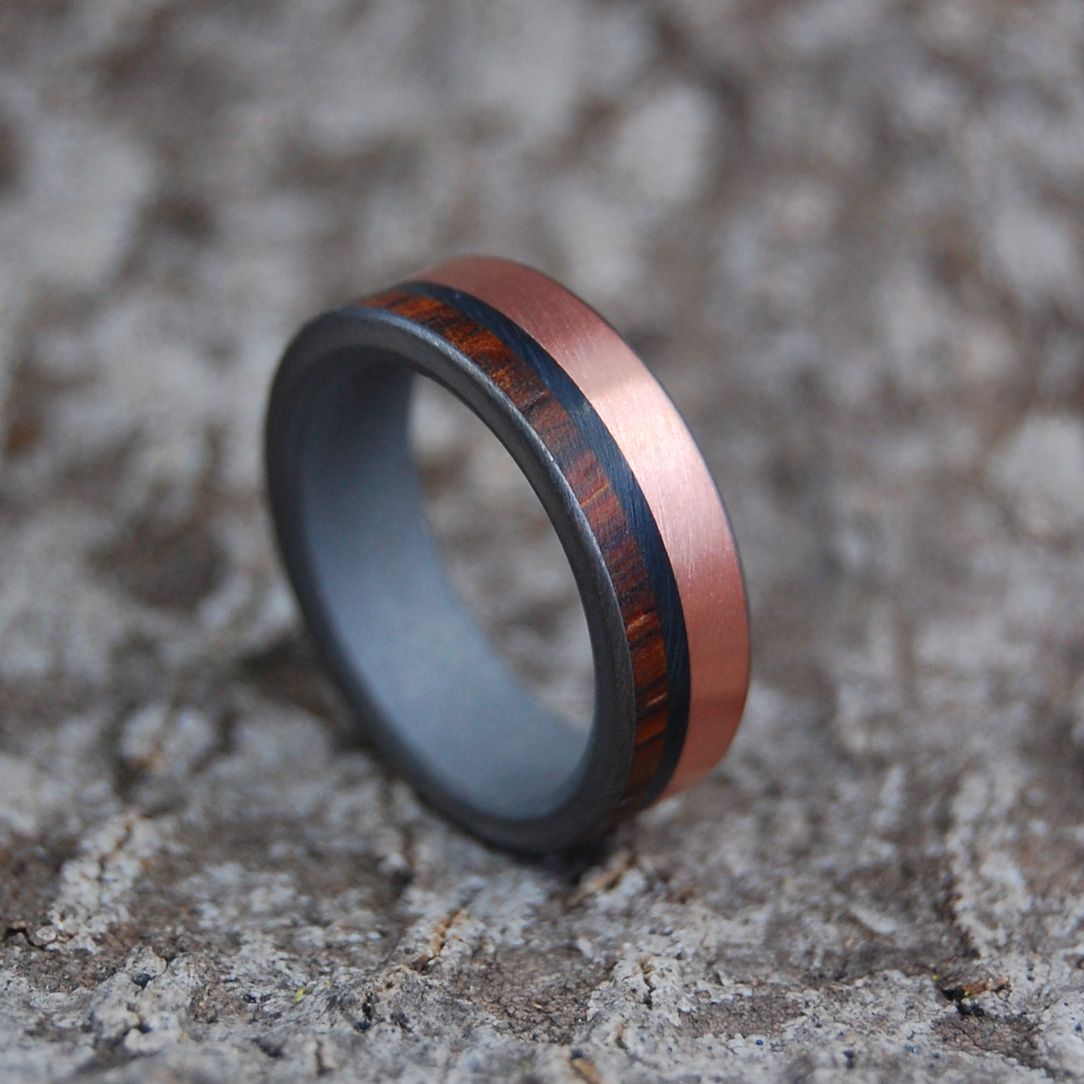 LOCO COCO | Cocobolo Wood, Copper & Onyx Stone Titanium Wedding Rings - Minter and Richter Designs