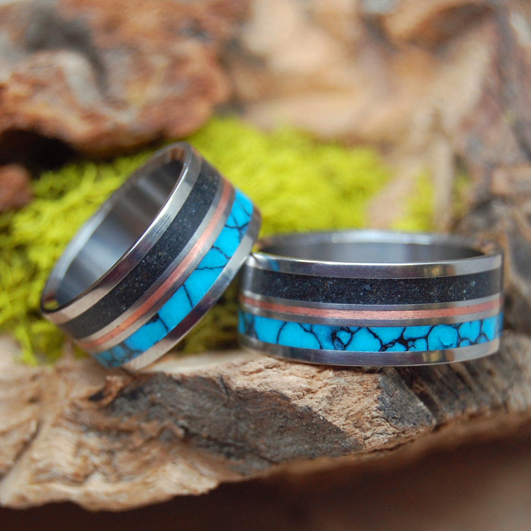 I LAVA ICELAND III | Icelandic Beach Sand, Turquoise & Copper - Wedding Rings Set - Minter and Richter Designs