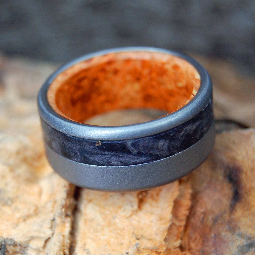 NIL SINE NUMINE | Titanium and Box Elder Wood Wedding Rings - Minter and Richter Designs