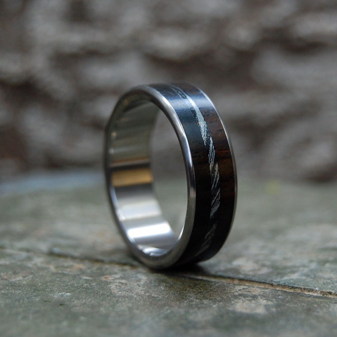 ZODIAC | Ebony Wood & Mokume Gane Titanium Wedding Rings - Minter and Richter Designs