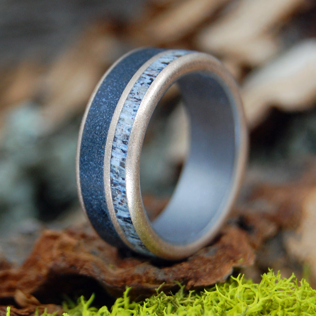 CHOWAN INDIANS OF NORTH CAROLINA | Moose Antler & Chowan River Beach Sand - Titanium & Bronze Men's Wedding Rings - Minter and Richter Designs