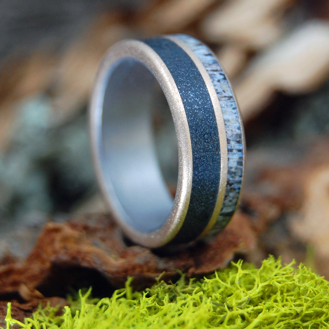 CHOWAN INDIANS OF NORTH CAROLINA | Moose Antler & Chowan River Beach Sand - Titanium & Bronze Men's Wedding Rings - Minter and Richter Designs