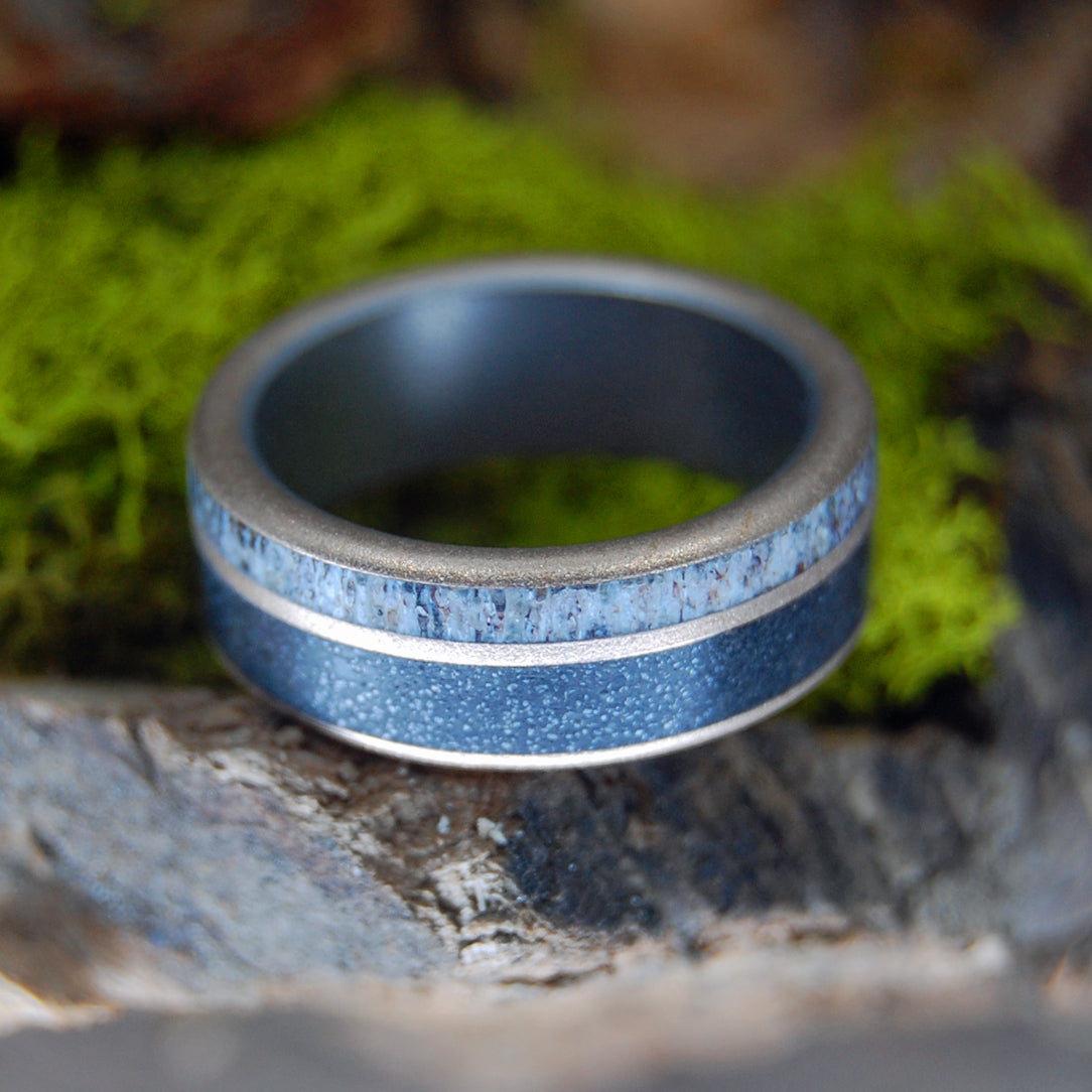 CHOWAN INDIANS OF NORTH CAROLINA | Moose Antler & Chowan River Beach Sand - Titanium & Bronze Men's Wedding Rings - Minter and Richter Designs