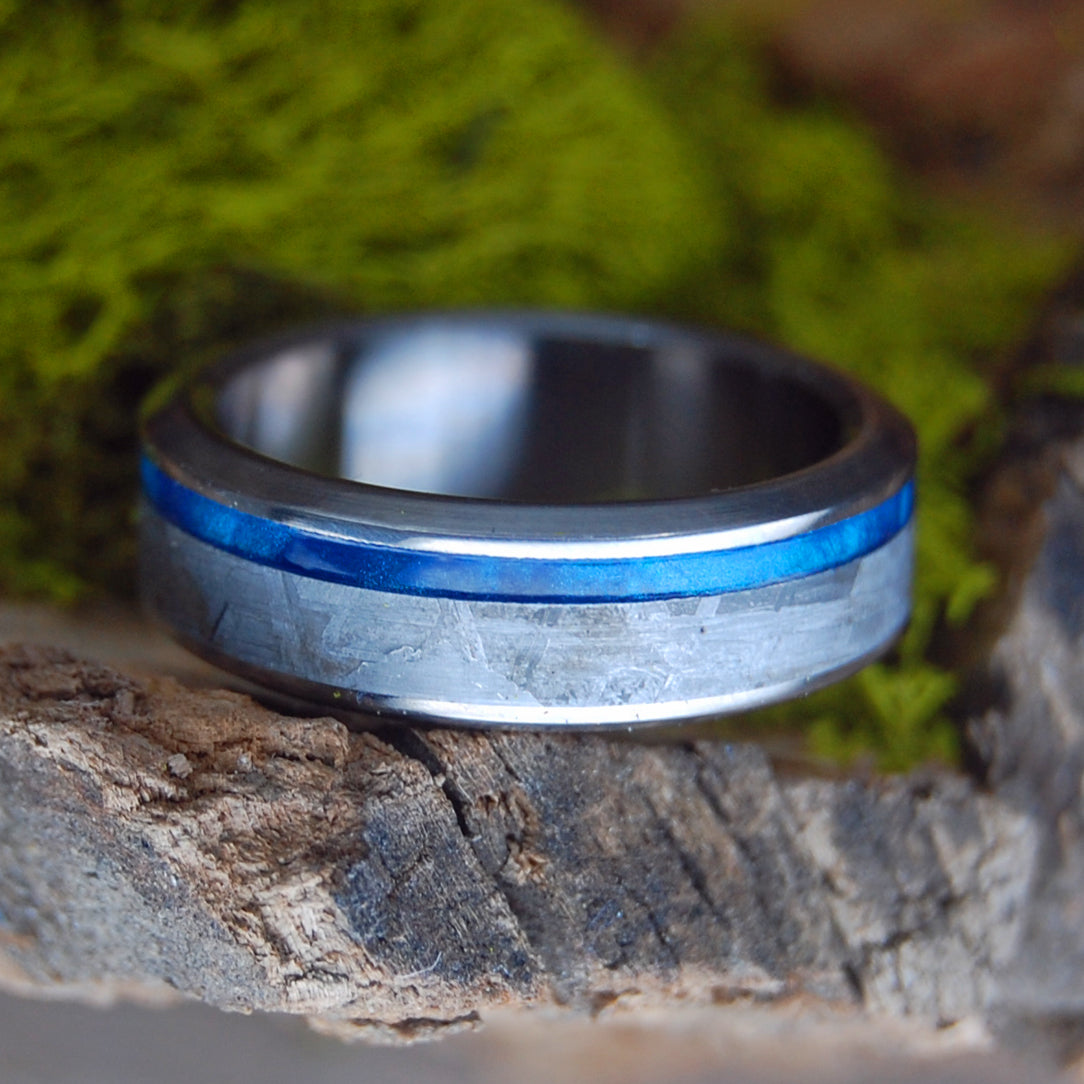MARTIAN METEORITE BLUE | Blue Marbled Opalescent & Meteorite Titanium Wedding Rings - Minter and Richter Designs