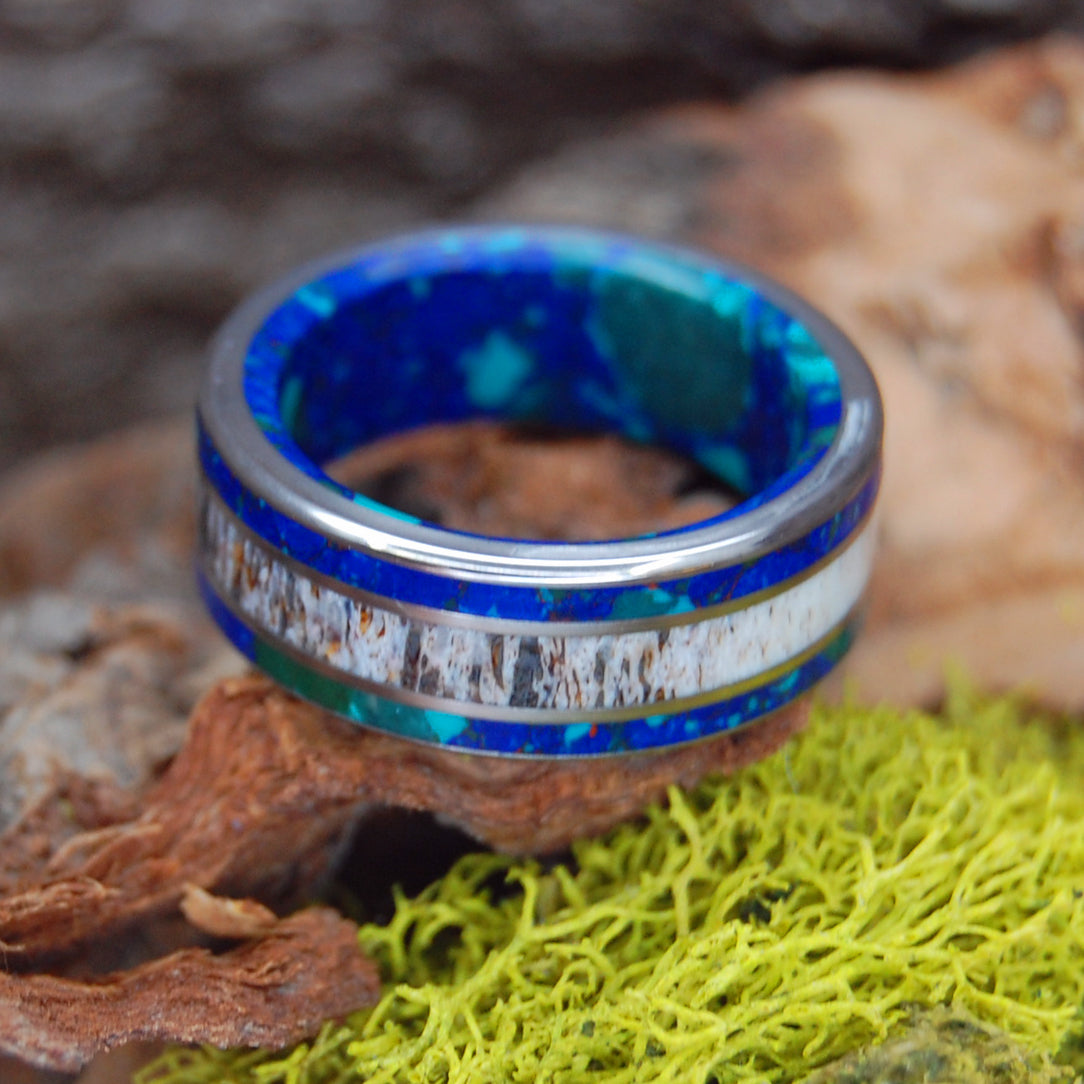 AZURITE MOOSE OFF MAINE | Azurite & Moose Antler Wedding Rings - Minter and Richter Designs