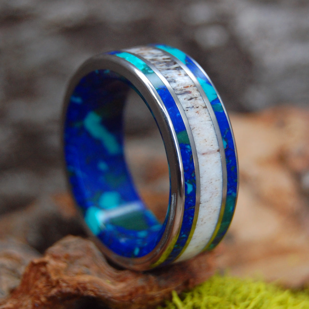 AZURITE MOOSE OFF MAINE | Azurite & Moose Antler Wedding Rings - Minter and Richter Designs