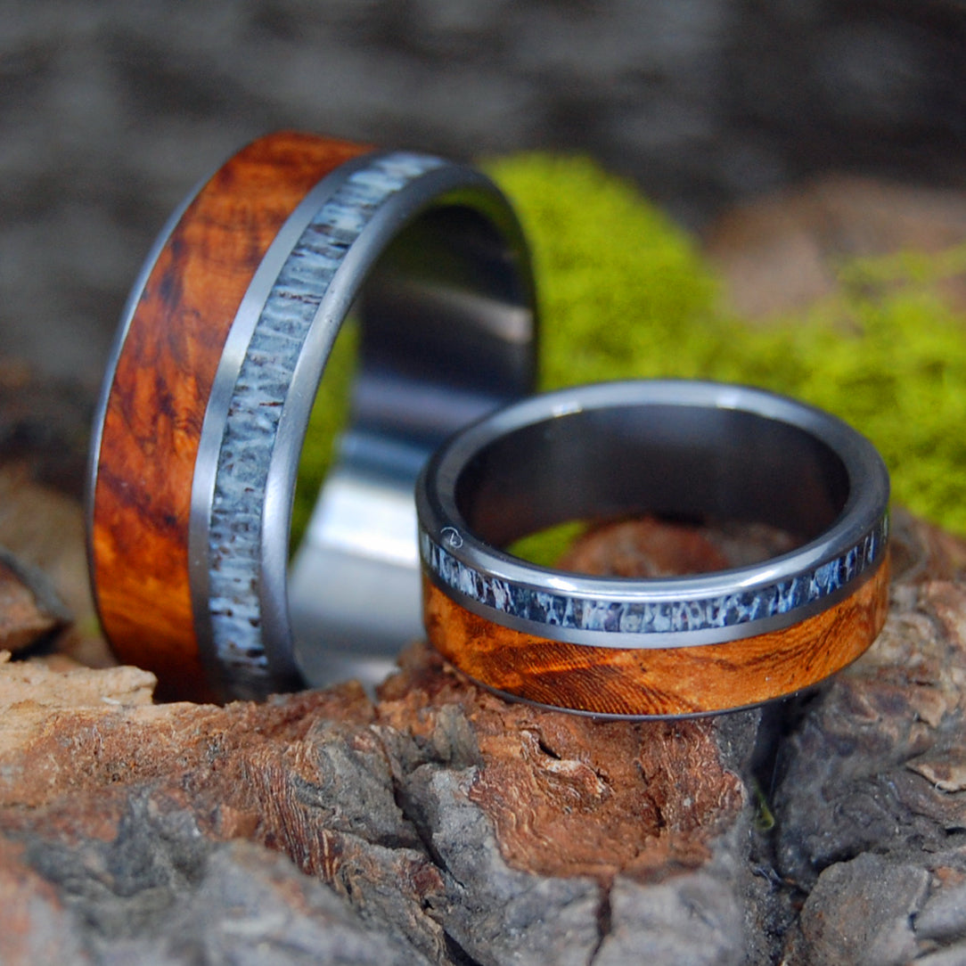 DEER BY THE RED OAK | Deer Antler & Red Oak Wood - His and Hers Wedding Rings - Minter and Richter Designs